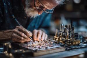 An old man working on a watch with a watchmaker photo