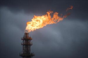 A gas flare is seen in front of a dark sky photo
