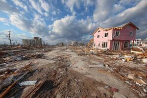 A pink house sits in the middle of a destroyed neighborhood photo