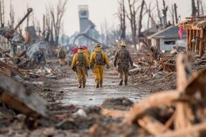 Firefighters walk through the rubble of a destroyed neighborhood photo