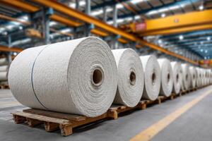 Rolls of yarn on pallets in a factory photo