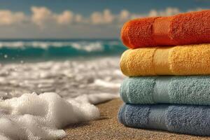Three towels stacked on top of each other on the beach photo