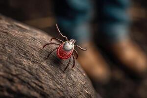 A tick on a rock with a person standing in the background photo