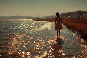 A woman walking in the water at sunset photo