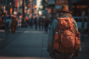 A man with a backpack walking down a city street photo