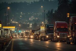 A line of trucks on a highway at night photo