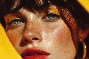 A woman with freckles and bright eyes photo