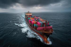 A cargo ship is traveling through the ocean photo