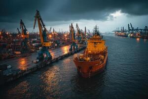 A large ship docked at a port in the dark photo