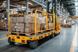 A forklift truck is moving through a warehouse photo
