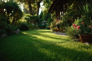 A green lawn with flowers and plants photo