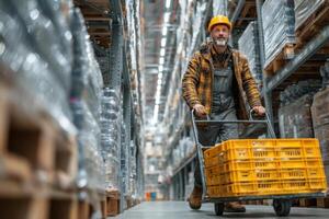 A man in a hard hat and overalls is walking through a warehouse photo