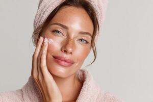 Beautiful woman with skin care cream on her face photo