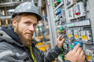 A man with a beard and hard hat is working on a control panel photo