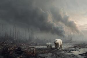 Two polar bears walking in front of a forest with smoke coming out of it photo