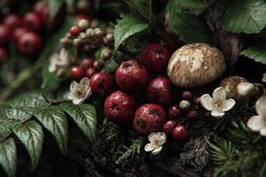 A bunch of berries and mushrooms on a moss covered branch photo