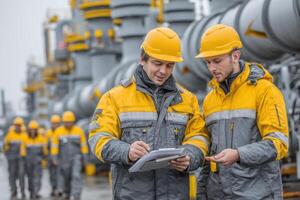 Two men in yellow and gray workwear standing in front of a pipeline photo