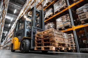 A forklift truck in a warehouse with pallets photo