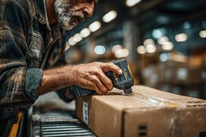 A man using a handheld device to measure the weight of a box photo