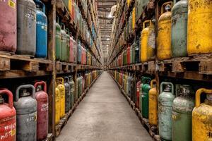 A long row of gas bottles in a warehouse photo
