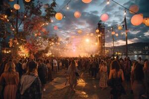 A crowd of people at a festival with balloons photo