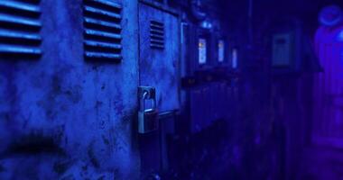 CGI Mysterious blue hallway with old lockers and padlocks in dim light video