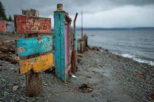 A colorful sign on a wooden post by the water photo