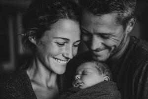A man and woman are smiling while holding their newborn photo