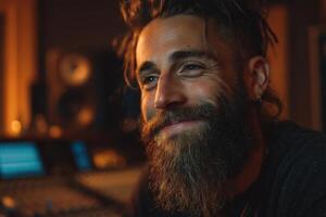 A man with a beard and a microphone in front of a recording studio photo
