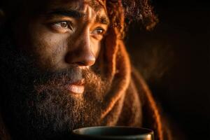 A man with a beard and a cup of coffee photo