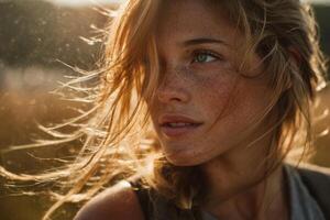 A woman with freckles in the sun photo