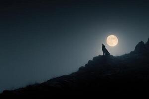 A lone wolf stands on a hill with the moon in the background photo