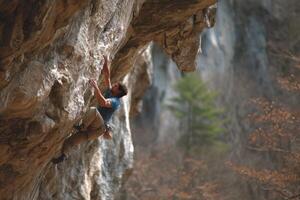 A man is climbing on a rock wall photo