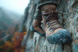A person wearing hiking boots on a rock photo