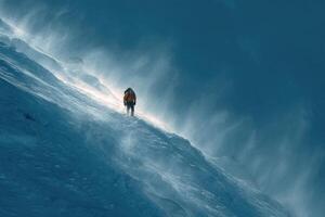 A person walking up a mountain with a bright light photo