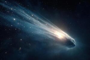 An artist's rendering of a comet flying through space photo