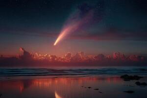 A comet is seen in the sky over the ocean photo