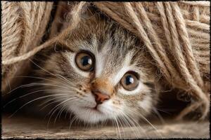 A kitten peeking out from behind a pile of yarn photo