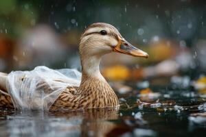 A duck is floating in the water with a plastic bag over its head photo