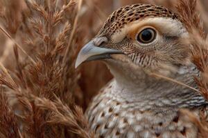 A close up of a bird in tall grass photo
