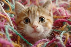 A kitten is hiding in a pile of yarn photo