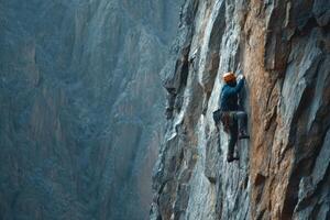 A man is climbing a mountain with a rope photo
