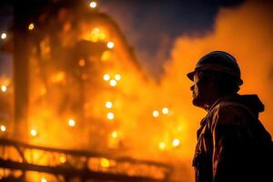A man in a hard hat stands in front of a burning building photo