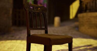 CGI Lonely wooden chair in a dimly lit alley with cobblestone pavement video