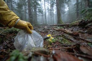 A person in yellow gloves picking up a plastic bag with a flower in it photo