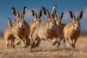 A group of hares running across a field photo