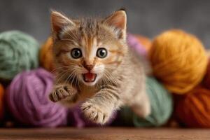 A kitten is running through a pile of yarn photo