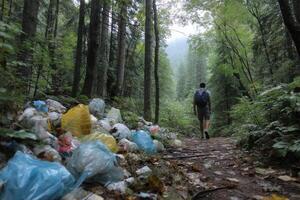 A man walks through a forest with garbage bags photo