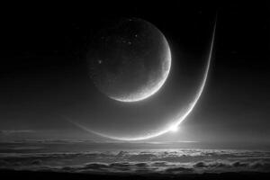 Black and white photo of the moon and sun