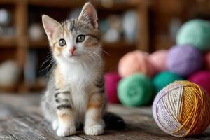 A kitten sitting next to a ball of yarn photo